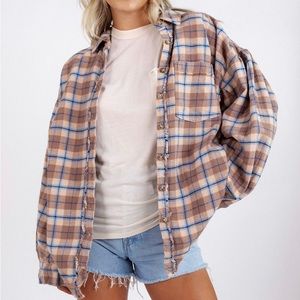Free People Happy Hour Plaid Shirt Tan in Medium
